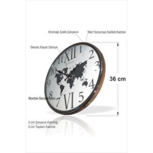 Parlak Metalik Kromajlı Çelik Çerçeve Bombe Camlı 36 Cm Sessiz Kayar Saniyeli Kaliteli Duvar Saati