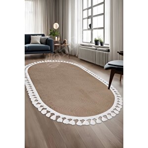 Avangard Oval Halı Sahra Kahve Salon Koridor Antre Mutfak Halısı Silinebilir Saçaklı 200x850 cm