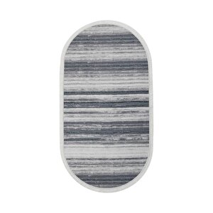 Halı Gri 9026 Cool Yıkanabilir Saçaklı Oval Kesme Ince Yolluk Kilim Salon Halısı Modeli 60x200 cm