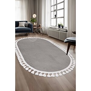 Avangard Oval Halı Sahra Gri Salon Koridor Antre Mutfak Halısı Silinebilir Ponpon Saçak 200x300 cm