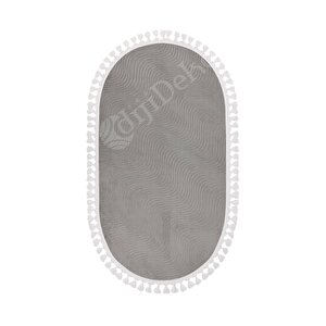 Avangard Oval Halı Sahra Gri Salon Koridor Antre Mutfak Halısı Silinebilir Ponpon Saçak 60x100 cm