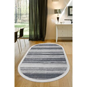 Halı Gri 9026 Cool Yıkanabilir Saçaklı Oval Kesme Ince Yolluk Kilim Salon Halısı Modeli 150x200 cm