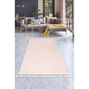 Pembe Post Dokuma Halı Saçaklı Peluş Yumuşacık Antibakteriyel Çocuk Mutfak Salon Halısı 150x400 cm