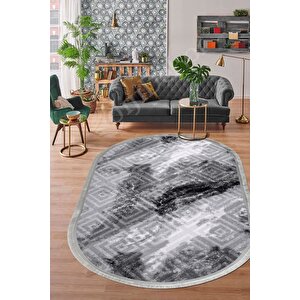 Halı Antrasit Cool Karo Saçaklı Oval Kesme Ince Yolluk Kilim Salon Halısı Modelleri 200x300 cm