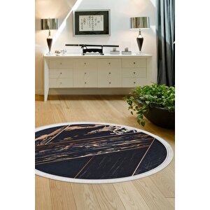 Siyah Gold Saçaklı Dijital Yuvarlak Halı Kaymaz Yıkanabilir 100x100 100x100 cm