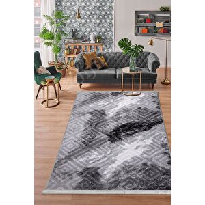 Halı Antrasit Cool Karo Yıkanabilir Saçaklı Kesme Ince Yolluk Kilim Salon Halısı Modeli 140x250 cm