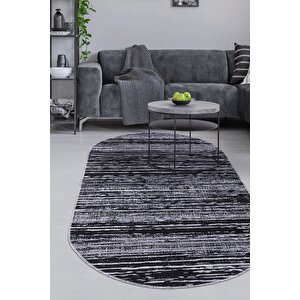 Halı Siyah Gri Cool Ym4700 Yıkanabilir Oval Kesme Ince Yolluk Kilim Salon Halısı Modeli 180x500 cm