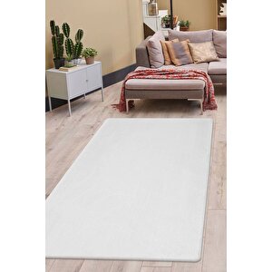 Beyaz Post Dokuma Halı Peluş Yumuşacık Kaymaz Antibakteriyel 120x600 cm