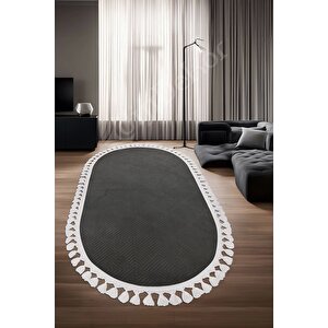 Avangard Oval Halı Pramit Antrasit Salon Koridor Antre Mutfak Halısı Silinebilir Saçaklı 60x900 cm