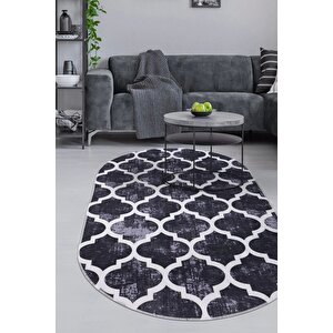 Halı Siyah Maça Yıkanabilir Saçaksız Oval Kesme Ince Yolluk Kilim Salon Halısı Modelleri 180x600 cm
