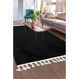 Siyah Post Dokuma Halı Saçaklı Peluş Yumuşacık Kaymaz Antibakteriyel 120x700 cm