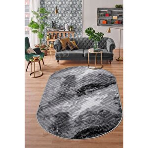 Halı Antrasit Cool Karo Yıkanabilir Oval Kesme Ince Yolluk Kilim Salon Halısı Modelleri 120x180 cm