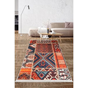 Halı Turuncu Cool K1300 Yıkanabilir Saçaklı Kesme Ince Yolluk Kilim Salon Halısı Modeli 150x400 cm