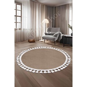 Halı Cool Kahve Sahra Desenli Saçaklı Yuvarlak Kesme Yolluk Kilim Salon Halısı Modelleri 140x140 cm