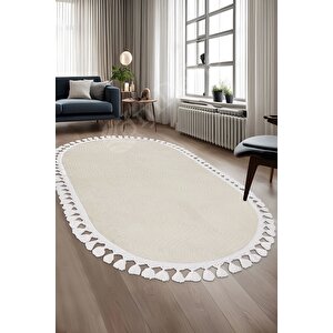 Halı Cool Krem Sahra Desenli Yıkanabilir Saçaklı Oval Yolluk Kilim Salon Halısı Modelleri 40x70 cm