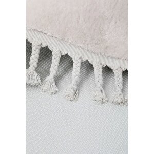 Peluş Halı Açık Vizon Cool Saçaklı Oval Kesme Post Yolluk Kilim Salon Halısı Modelleri 120x200 cm