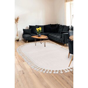 Peluş Halı Açık Vizon Cool Saçaklı Oval Kesme Post Yolluk Kilim Salon Halısı Modelleri 160x500 cm