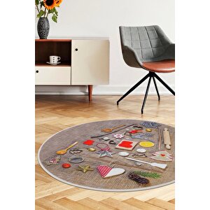Kahve Mutfak Halısı Saçaksız Dijital Yuvarlak Halı Kaymaz Yıkanabilir 100x100 150x150 cm