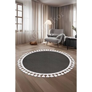 Halı Cool Antrasit Sahra Kaymaz Saçaklı Yuvarlak Kesme Yolluk Salon Halısı Modelleri 200x200 cm