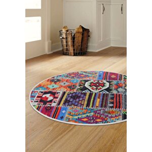 Halı Çok Renkli 9010 Yıkanabilir Yuvarlak Kesme Ince Yolluk Kilim Salon Halısı Modelleri 140x140 cm