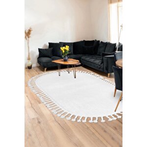 Peluş Halı Beyaz Cool Saçaklı Oval Post Kesme Yolluk Kilim Salon Halısı Modelleri 200x350 cm
