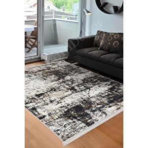 Halı Siyah Cool K1310 Yıkanabilir Saçaklı Kesme Ince Yolluk Kilim Salon Halısı Modelleri 140x250 cm