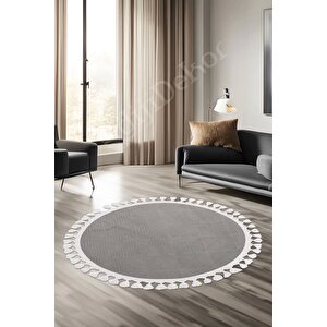 Halı Cool Gri Pramit Kaymaz Yıkanabilir Saçaklı Yuvarlak Yolluk Salon Halısı Modelleri 160x160 cm