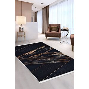 Siyah Gold Saçaklı Dijital Halı Kaymaz Yıkanabilir Yolluk 60x300 cm