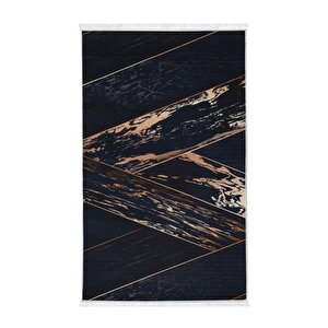Siyah Gold Saçaklı Dijital Halı Kaymaz Yıkanabilir Yolluk 60x300 cm