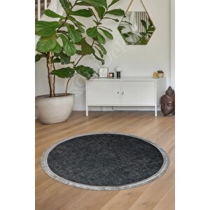 Halı Antrasit Cool K1290 Saçaklı Yuvarlak Kesme Ince Yolluk Kilim Salon Halısı Modelleri 140x140 cm