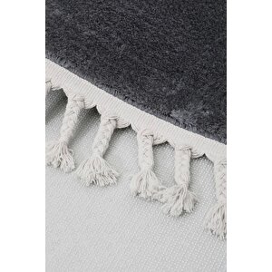 Koyu Gri Oval Post Dokuma Halı Saçaklı Peluş Yumuşacık Kaymaz Antibakteriyel