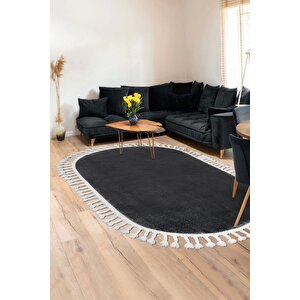 Koyu Gri Oval Post Dokuma Halı Saçaklı Peluş Yumuşacık Kaymaz Antibakteriyel 160x400 cm