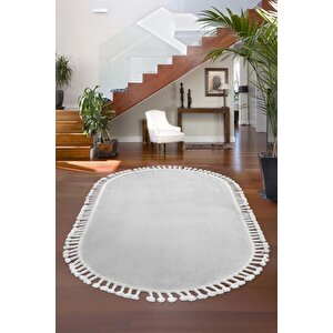 Açık Gri Oval Post Dokuma Halı Saçaklı Peluş Yumuşacık Kaymaz 40x70 cm
