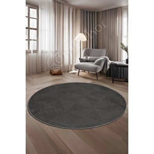 Halı Cool Antrasit Pramit Desenli Saçaksız Yuvarlak Yolluk Kilim Salon Halısı Modelleri 90x90 cm