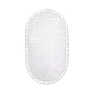 Halı Beyaz Cool Bohem Desenlidesenli Yıkanabilir Saçaklı Oval Yolluk Salon Halısı 75x200 cm