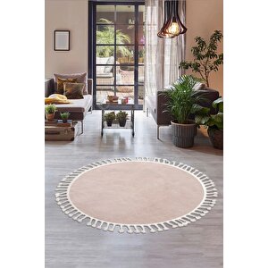Peluş Halı Pembe Cool Saçaklı Yuvarlak Kesme Post Yolluk Kilim Salon Halısı Modelleri 200x200 cm