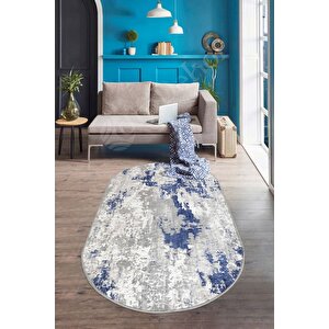 Delüxe Halı Lacivert Gri Saçaksız Siyah Taban Oval Halı Yeni Kabartmalı Model Halısı 80x700 cm