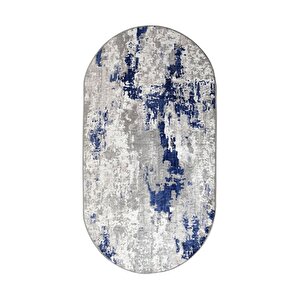 Delüxe Halı Lacivert Gri Saçaksız Siyah Taban Oval Halı Yeni Kabartmalı Model Halısı 80x700 cm
