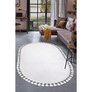 Halı Beyaz Cool Bohem Desenlidesenli Yıkanabilir Saçaklı Oval Yolluk Salon Halısı 75x150 cm