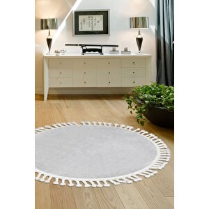 Açık Gri Yuvarlak Post Dokuma Halı Püslüllü Peluş Halı Antibakteriyel 130x130 cm