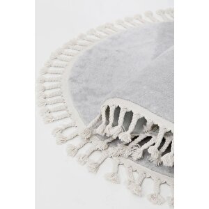 Açık Gri Yuvarlak Post Dokuma Halı Püslüllü Peluş Halı Antibakteriyel 130x130 cm