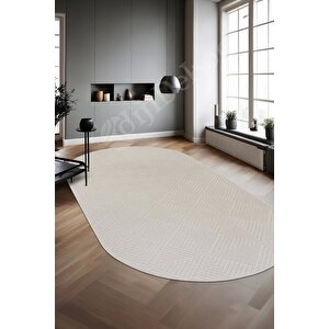 Halı Cool Krem Pramit Desenli Kaymaz Yıkanabilir Oval Yolluk Kilim Salon Halısı Modelleri 120x180 cm