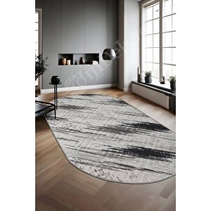 Halı Siyah Cool Karo Yıkanabilir Oval Kesme Ince Yolluk Kilim Salon Halısı Modelleri 80x550 cm