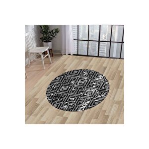 Halı Siyah Cool K1320 Yıkanabilir Yuvarlak Kesme Ince Yolluk Kilim Salon Halısı Modelleri 120x120 cm