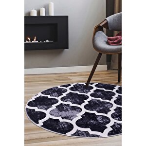 Halı Siyah Maça Yıkanabilir Saçaksız Yuvarlak Kesme Ince Yolluk Kilim Salon Halısı Modeli 170x170 cm