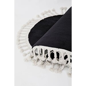 Siyah Yuvarlak Post Dokuma Halı Püslüllü Peluş Halı Antibakteriyel 100x100 cm