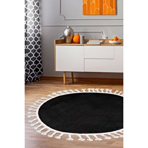 Siyah Yuvarlak Post Dokuma Halı Püslüllü Peluş Halı Antibakteriyel 150x150 cm