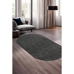 Halı Cool Antrasit Pramit Desenli Saçaksız Oval Kesme Yolluk Kilim Salon Halısı Modelleri 80x120 cm