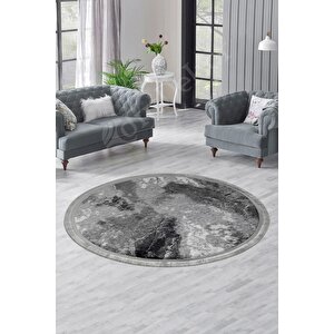 Halı Antrasit Cool Yıkanabilir Saçaklı Yuvarlak Delüxe Yolluk Kilim Salon Halısı Modeli 170x170 cm