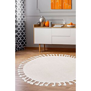 Peluş Halı Açık Vizon Cool Saçaklı Yuvarlak Kesme Post Yolluk Kilim Salon Halısı Modeli 110x110 cm